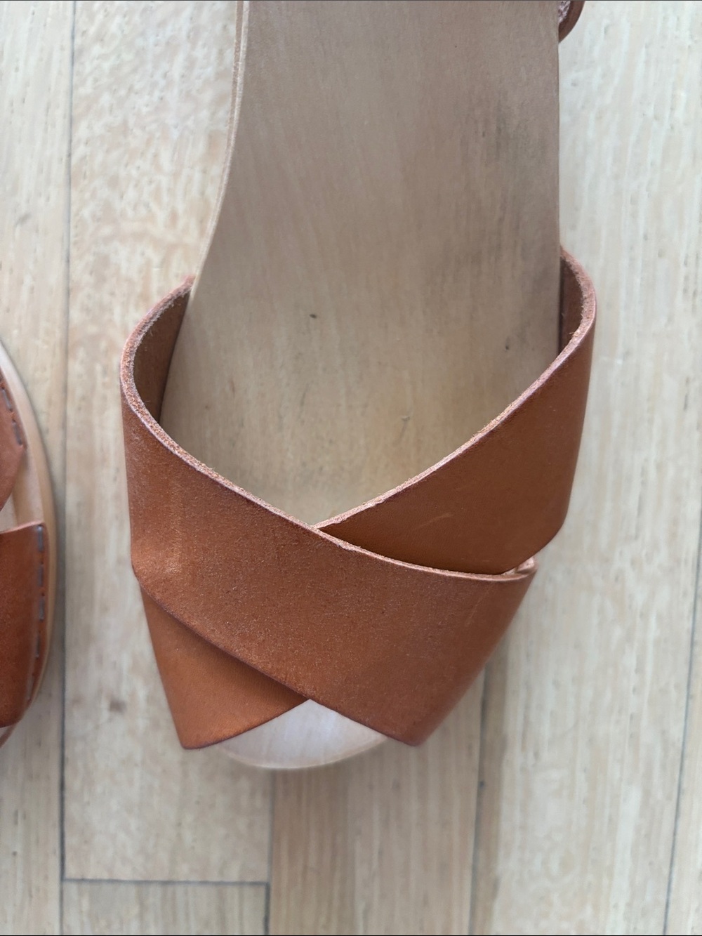 Swedish Hasbeens Cognac Leather Platform Sandals with Pink Insole - Picture 5 of 6